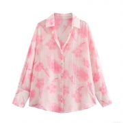 Women's Polyester Long Sleeve Lapel Single-Breasted Casual Summer European Street Style Abstract Floral Print Shirt For Women
