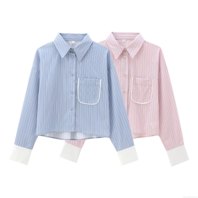 Women's Striped Long Sleeve Button Down Shirt Contrast Cuffs Chest Pocket Cropped Blouse Polyester Blend Casual Chic Streetwear Tops