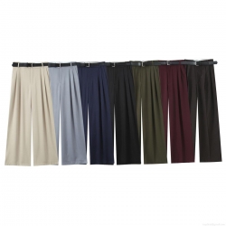 Women's High Waist Wide Leg Straight Casual Pants With Belt Double Pleat Polyester Long Trousers For Office Commute Streetwear Fashion