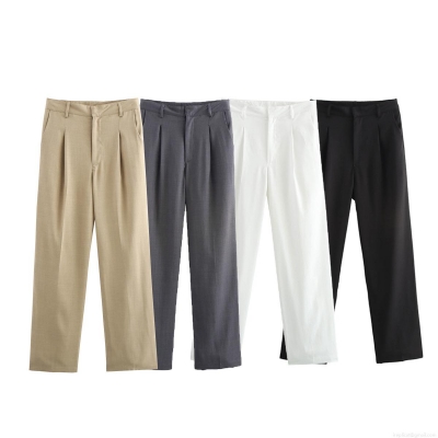 Women's High Waist Wide Leg Suit Pants 100% Polyester Straight Fit Pleated Front Trousers Streetwear Casual Office Work Pants with Pockets