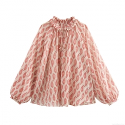 Women Paisley Print Chiffon Blouse Long Bubble Sleeve Ruffle Collar Gold Thread Tie Neck Top Bohemian Streetwear Women Pullover Shirt