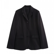 Women's Loose Striped Blazer Polyester Lapel Long Sleeve Suit Jacket For Office Daily Street Minimalist Fashion Outerwear With Pockets