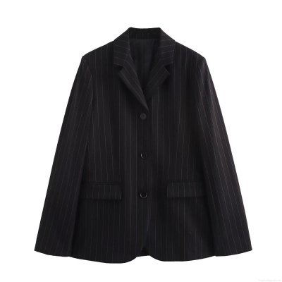 Women's Loose Striped Blazer Polyester Lapel Long Sleeve Suit Jacket For Office Daily Street Minimalist Fashion Outerwear With Pockets