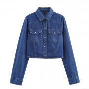 Women's Fashion Short Denim Shirt Jacket Long Sleeve Lapel Cotton Blend Button Down Blouse With Double Chest Pockets For Casual Streetwear