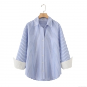 Women's Striped Oxford Shirt Long Sleeve Button Down Blouse Casual Loose Fit Top With Contrast Cuff Design Fashion Office Wear Streetwear Women Clothing