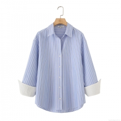 Women's Striped Oxford Shirt Long Sleeve Button Down Blouse Casual Loose Fit Top With Contrast Cuff Design Fashion Office Wear Streetwear Women Clothing
