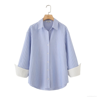 Women's Striped Oxford Shirt Long Sleeve Button Down Blouse Casual Loose Fit Top With Contrast Cuff Design Fashion Office Wear Streetwear Women Clothing