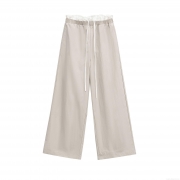 Women's Casual Patchwork Wide Leg Pants Summer High Waist Elastic Drawstring Straight Trousers Minimalist Streetwear Beige Long Pants