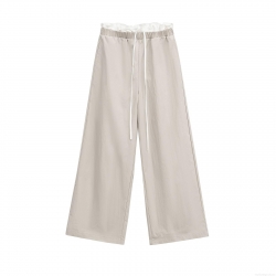 Women's Casual Patchwork Wide Leg Pants Summer High Waist Elastic Drawstring Straight Trousers Minimalist Streetwear Beige Long Pants