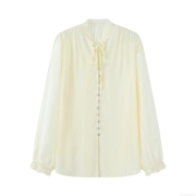 Women's Tie Neck Long Sleeve Button Up Chiffon Blouse Casual Loose Fit Office Work Shirt Elegant Solid Color Soft Polyester Top for Women Ladies