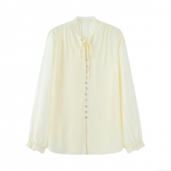 Women's Tie Neck Long Sleeve Button Up Chiffon Blouse Casual Loose Fit Office Work Shirt Elegant Solid Color Soft Polyester Top for Women Ladies