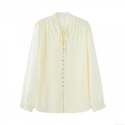 Women's Tie Neck Long Sleeve Button Up Chiffon Blouse Casual Loose Fit Office Work Shirt Elegant Solid Color Soft Polyester Top for Women Ladies