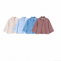 Women's Striped Button Down Shirt Vintage Lapel Mid Sleeve Top With Double Pockets Casual Streetwear Polyester Blouse