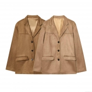 Women's Classic Faux Suede Polyester Blazer Jacket Elegant Long Sleeve Single Breasted Outerwear With Flap Pockets For Autumn Casual Daily Office Wear Ladies Fashion Coat