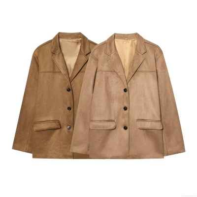 Women's Classic Faux Suede Polyester Blazer Jacket Elegant Long Sleeve Single Breasted Outerwear With Flap Pockets For Autumn Casual Daily Office Wear Ladies Fashion Coat