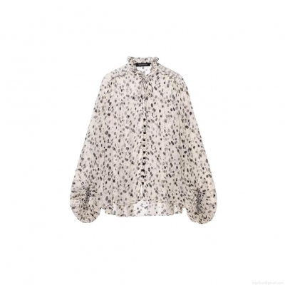 Women's Chiffon Polka Dot Blouse Ruffle Stand Collar Tie Neck Long Lantern Sleeve Shirt Loose Longline Casual Streetwear Top