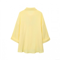 Women's Casual Loose Yellow Button Up Shirt Crepe Cotton Blend Long Sleeve Roll Up Blouse With Pocket Mid Length Top For Spring Autumn Streetwear