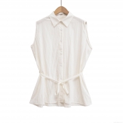 Women's Sleeveless Shirt Lapel Single-Breasted Waist Tie Blouse Autumn Casual Solid Color Polyester Cotton Blend Streetwear Top For Women
