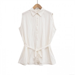 Women's Sleeveless Shirt Lapel Single-Breasted Waist Tie Blouse Autumn Casual Solid Color Polyester Cotton Blend Streetwear Top For Women