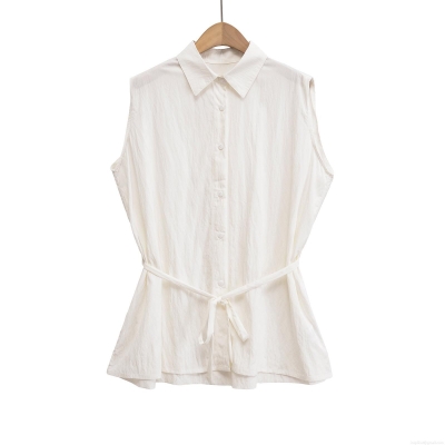 Women's Sleeveless Shirt Lapel Single-Breasted Waist Tie Blouse Autumn Casual Solid Color Polyester Cotton Blend Streetwear Top For Women