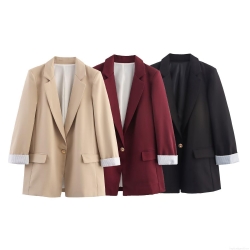 Women's Autumn Polyester Blazer Jacket With Striped Cuffs Single Gold Button Loose Fit Mid-Length Notch Lapel Suit Coat For Office Work Commute Daily Outwear