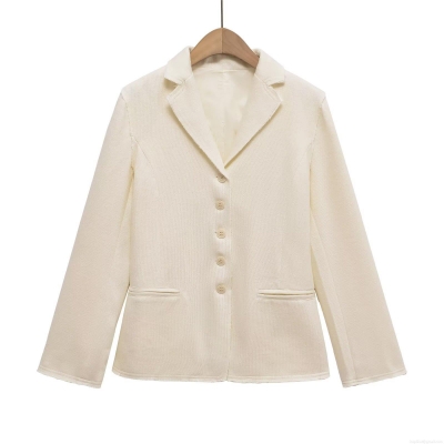 Women's Casual Knit Texture Blazer Jacket Single Breasted Lapel Long Sleeve Suit Outwear with Pockets for Autumn Minimalist Fashion