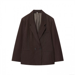 Women's Double Breasted Pinstripe Blazer Jacket Long Sleeve Loose Fit Lapel Suit Coffee Striped Outerwear For Office Business Casual Autumn Winter