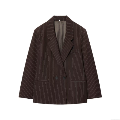 Women's Double Breasted Pinstripe Blazer Jacket Long Sleeve Loose Fit Lapel Suit Coffee Striped Outerwear For Office Business Casual Autumn Winter