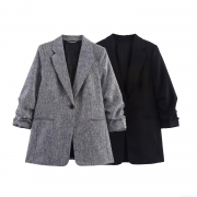 Women's Loose Casual Blazer Outerwear Pleated Cuffs Lapel Single Button Polyester Jacket For Autumn Winter Office Daily Streetwear