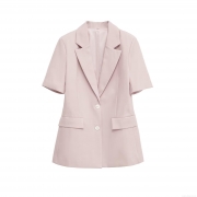 Women's Casual Short Sleeve Blazer Jacket Slim Fit Single Breasted Notch Lapel Solid Color Polyester Outerwear Ladies Fashion Top