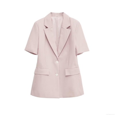 Women's Casual Short Sleeve Blazer Jacket Slim Fit Single Breasted Notch Lapel Solid Color Polyester Outerwear Ladies Fashion Top