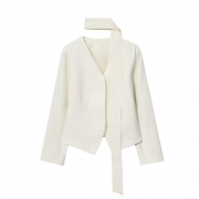Women's Elegant White V-Neck Blazer Jacket with Matching Scarf Necktie Decoration Minimalist Autumn Long Sleeve Single Breasted Suit Outerwear for Office Lady