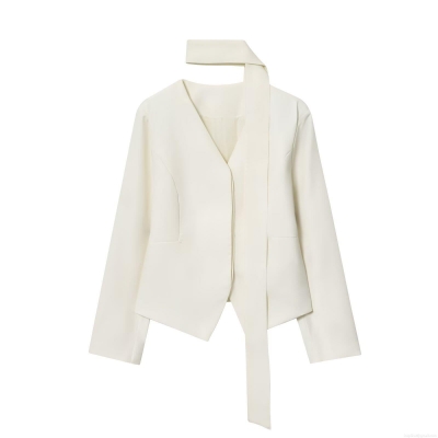 Women's Elegant White V-Neck Blazer Jacket with Matching Scarf Necktie Decoration Minimalist Autumn Long Sleeve Single Breasted Suit Outerwear for Office Lady