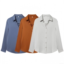 Women's Elegant Satin Button Down Shirt Long Sleeve Relaxed Fit Polyester Spandex Blouse for Office Commute Daily Wear Classic Solid Color Top