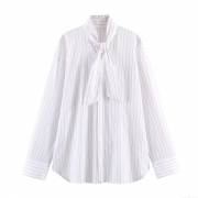 Women's Long Sleeve Striped Poplin Blouse Tie Neck Bow Shirt Loose Casual Office Top Single Breasted Button Down Elegant Vertical Striped Design