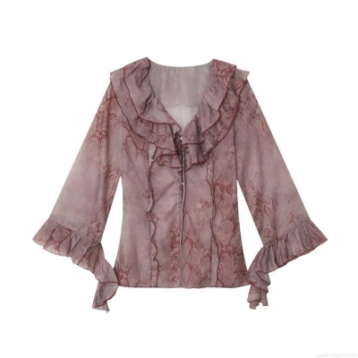 Women's Retro Snake Skin Print Ruffle Stand Collar Blouse Long Sleeve Slim Fit Polyester Spandex Shirt For Daily Casual Office Dating Elegant Tops