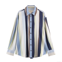 Women's Striped Satin Texture Blouse Loose Long Sleeve Single Breasted Shirt Turn-down Collar Top for Casual Office Daily Wear
