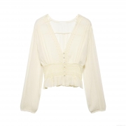 Women's Elegant V Neck Long Sleeve Blouse Lace Patchwork Smocked Waist Ruffle Hem Shirt Top Milky White Casual Soft Polyester Blouse For Ladies