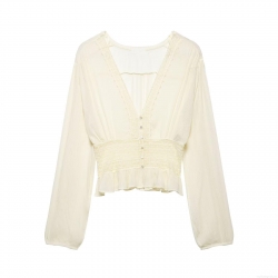 Women's Elegant V Neck Long Sleeve Blouse Lace Patchwork Smocked Waist Ruffle Hem Shirt Top Milky White Casual Soft Polyester Blouse For Ladies