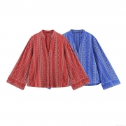 Women's Ethnic Retro Long Sleeve Blouse Geometric Embroidery V-Neck Loose Casual Shirt with Wood Buttons Polyester Blend Cotton Linen Texture Fashion Spring Summer Top