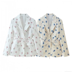 Women Floral Print Blazer Jacket Lapel Long Sleeve Tie Waist Casual Suit Jacket Elegant Office Work Wear Outerwear Polyester Spandex Ladies Coat
