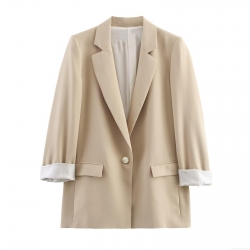 Women's Fashion Casual Blazer Notched Lapel One Button Suit Jacket Office Work Wear With Striped Cuffs Elegant Loose Fit Outerwear Polyester Spandex Blend Solid Color Blazer
