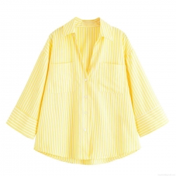 Women's Casual Yellow Vertical Striped Blouse Loose Fit Button Down Long Sleeve Shirt With Patch Pockets For Spring Autumn