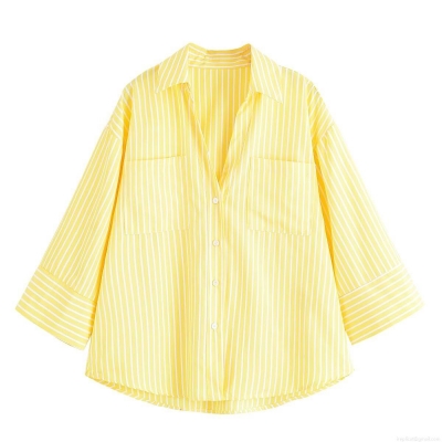 Women's Casual Yellow Vertical Striped Blouse Loose Fit Button Down Long Sleeve Shirt With Patch Pockets For Spring Autumn