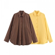 Women's Fashion Casual Loose Polyester Poplin Blouse Shirt Button Down Long Sleeve Polo Collar Solid Striped Tops For Women Daily Office Wear