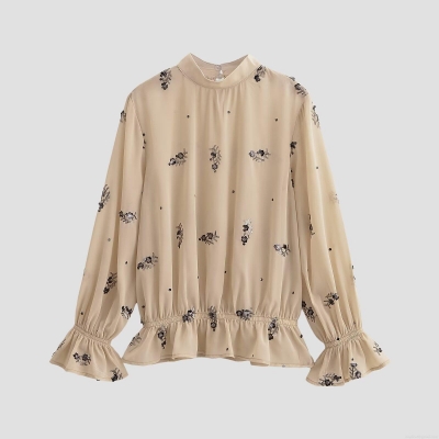 Women's Elegant Sequin Floral Chiffon Blouse Long Sleeve Stand Collar Ruffle Hem Top For Party Evening Casual Ladies Beige Apricot Shirt