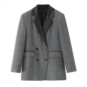Women Elegant Herringbone Blazer Jacket With PU Leather Patchwork Lapel Collar Double Breasted Long Sleeve Loose Fit Casual Outerwear For Office Lady