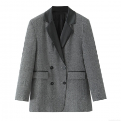 Women Elegant Herringbone Blazer Jacket With PU Leather Patchwork Lapel Collar Double Breasted Long Sleeve Loose Fit Casual Outerwear For Office Lady