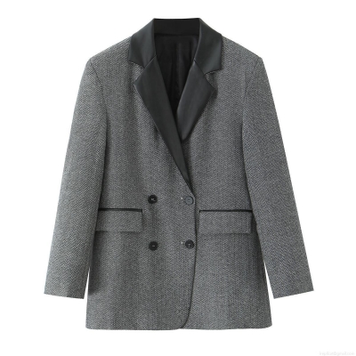 Women Elegant Herringbone Blazer Jacket With PU Leather Patchwork Lapel Collar Double Breasted Long Sleeve Loose Fit Casual Outerwear For Office Lady