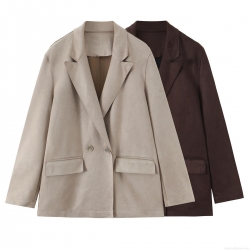 Women's Suede-Effect Polyester Spandex Blazer Jacket Double Breasted Loose Fit Lapel Long Sleeve Suit Jacket With Pockets Casual Commute Outerwear For Women